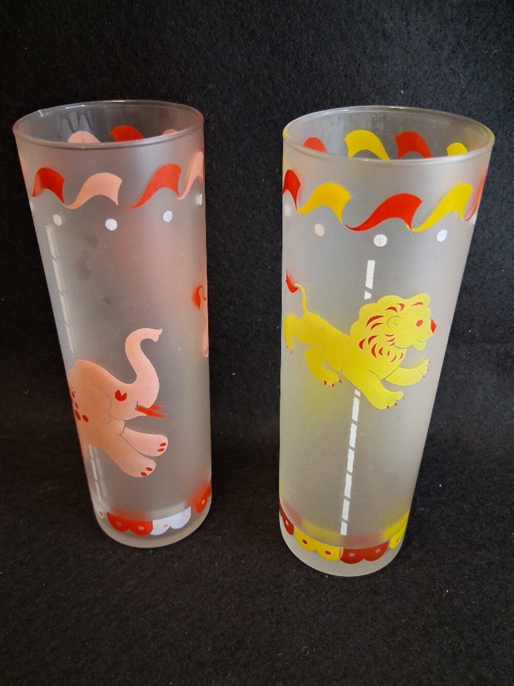Vintage Hazel Atlas Frosted Carousel Glasses Set of 4 MCM Merry Go Round Tumbler